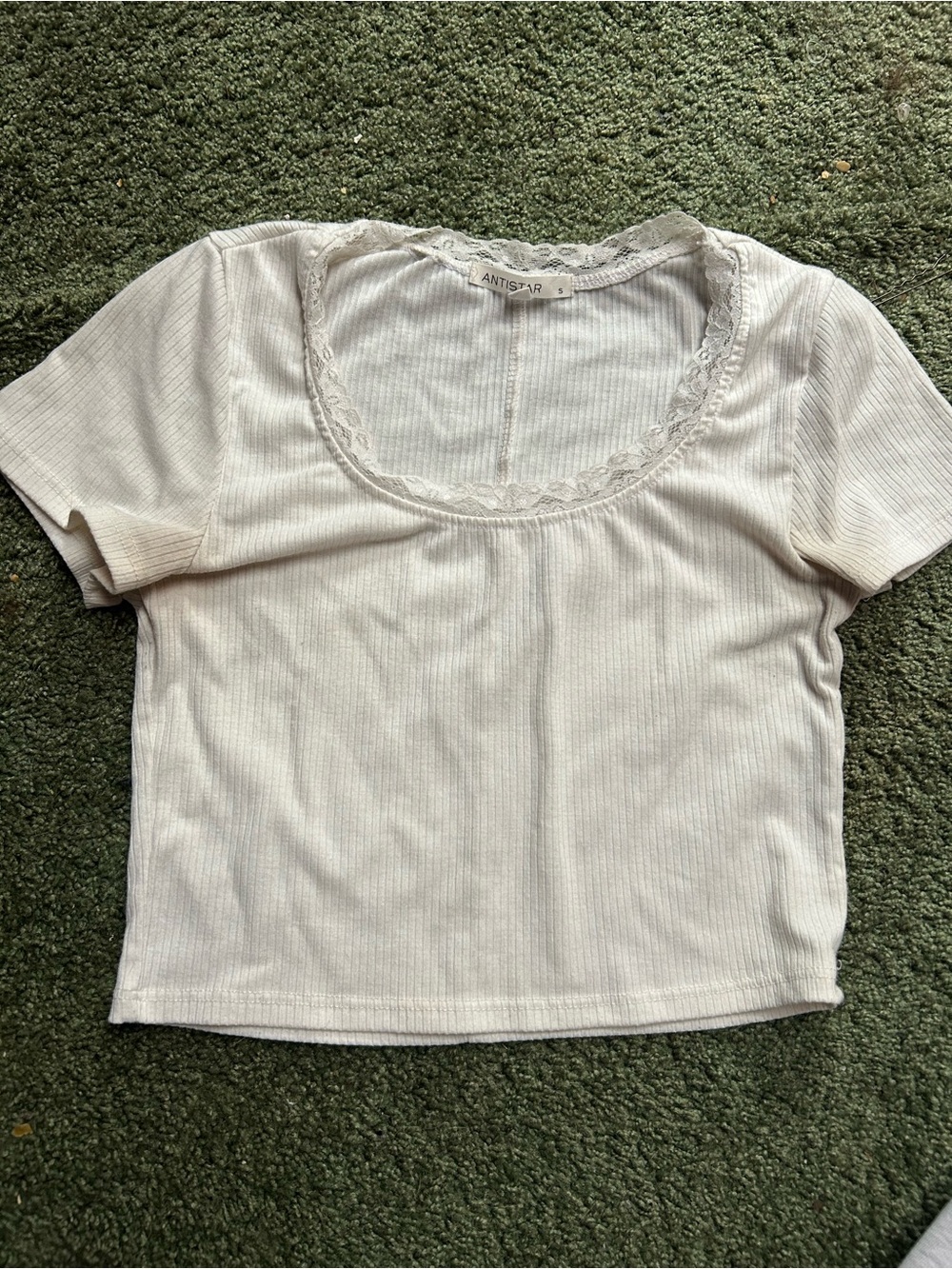 ANTISTAR Lace-Trim Ribbed Scoop Neck Top — White